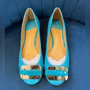 Nine West Turquoise Flats with Gold Buckle